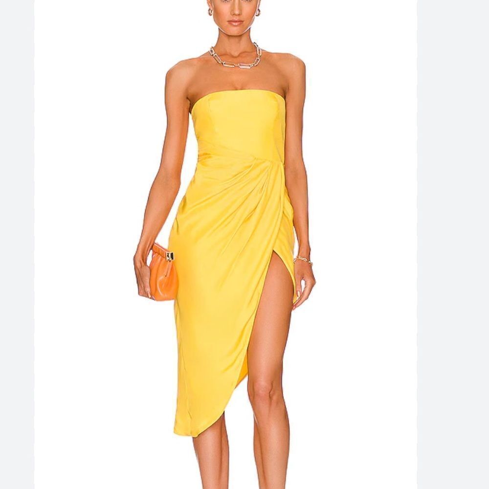 Gauge81 Lica Short Dress Lemon Sunny Yellow Silk strapless high slit Revolve M